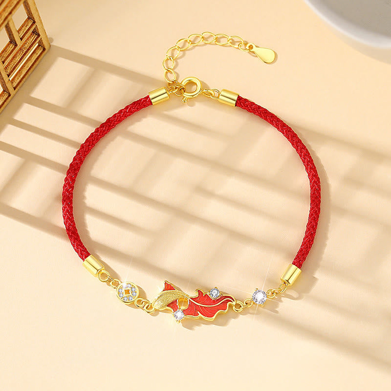 Buddha Stones925スターリングシルバー鯉デザイン赤紐良縁祈願ブレスレット - 鯉のブレスレット - image 1