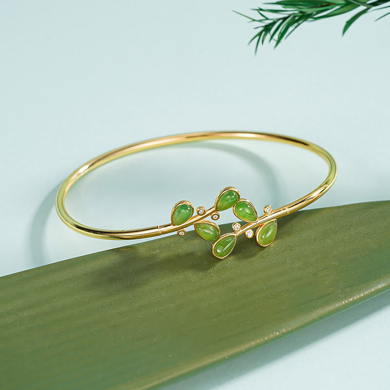 Buddha Stones925スターリングシルバー 葉っぱの彫刻入り グリーンジャスパー守護ブレスレットバングル - 925スターリングシルバーバングル - image 1