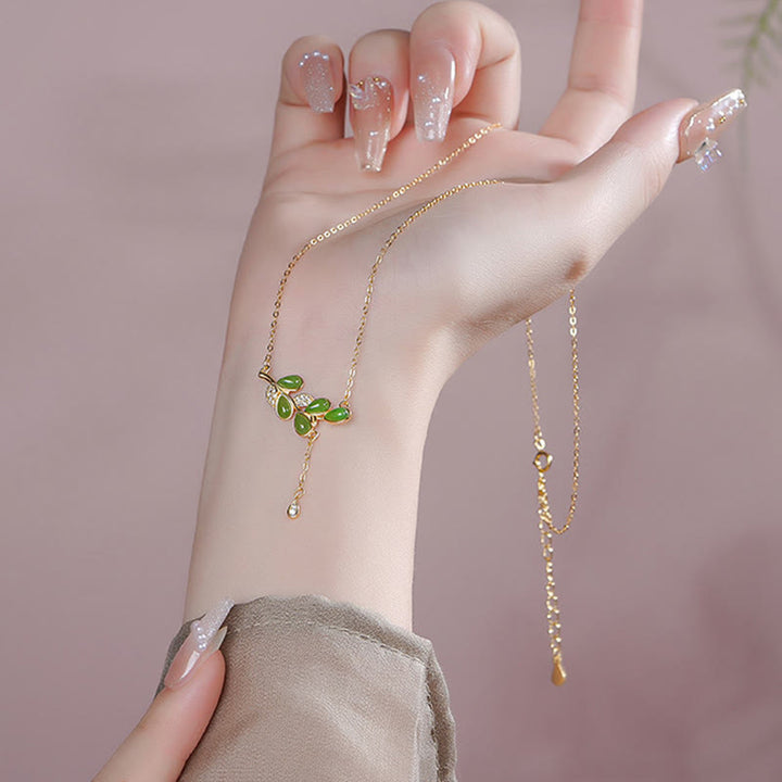 Buddha Stones925スターリングシルバー リーフタッセルデザイン グリーンジャスパー プロテクションネックレス ペンダント - image 5