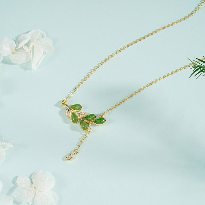 Buddha Stones925スターリングシルバー 葉っぱの彫刻入り グリーンジャスパー守護ブレスレットバングル - 925スターリングシルバーネックレス - image 8