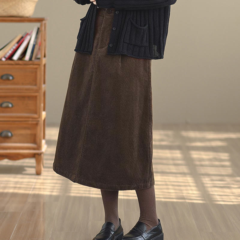 Buddha Stonesピュアカラー 伸縮性ウエスト レディース 7-8丈 コーデュロイスカート ポケット付き - image 3