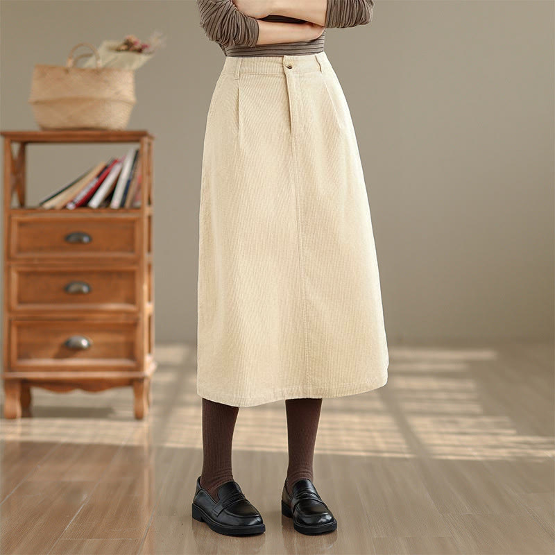 Buddha Stonesピュアカラー 伸縮性ウエスト レディース 7-8丈 コーデュロイスカート ポケット付き - ベージュ - US8-10，UK/AU12-14，EU40-42 (2XL) - image 9