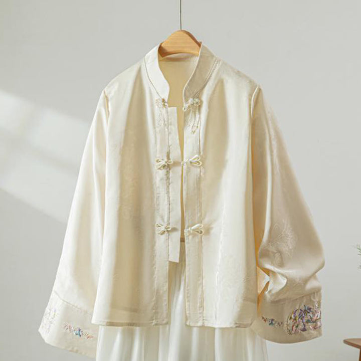 Buddha Stones秋の花刺繍 カエルボタンデザイン 長袖 レディース ジャケット - リネン - US8-10，UK/AU12-14，EU40-42 (2XL) - image 0