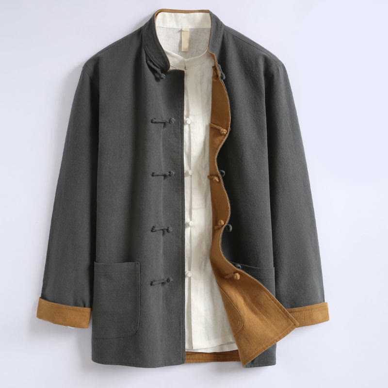 Buddha Stones春の中国風リバーシブルメンズフロッグボタンコットン長袖ジャケット - グレー - US/UK/AU46、 EU56 (5XL) - image 0