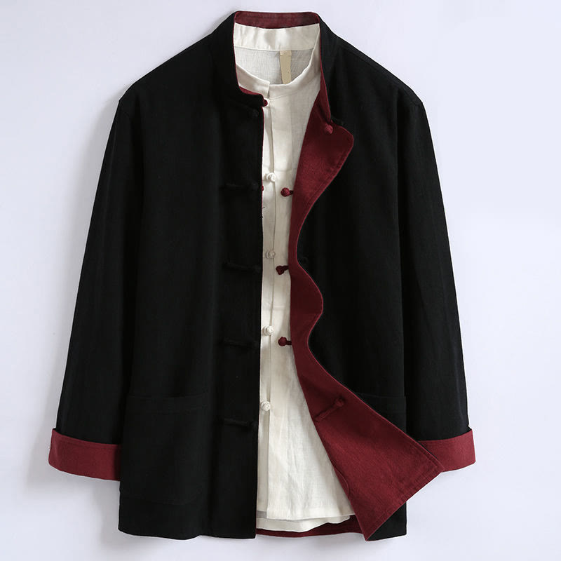 Buddha Stones春の中国風リバーシブルメンズフロッグボタンコットン長袖ジャケット - 黒 - US/UK/AU46、 EU56 (5XL) - image 3