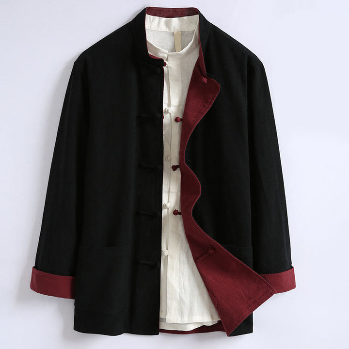 Buddha Stones春の中国風リバーシブルメンズフロッグボタンコットン長袖ジャケット - 黒 - US/UK/AU46、 EU56 (5XL) - image 3