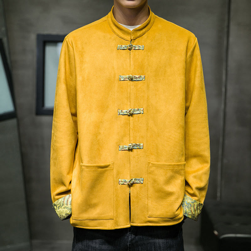 Buddha Stones秋の波模様 カエルボタン 長袖 メンズ スエード コットン ジャケット ポケット付き - 金 - US/UK/AU42、 EU52 (3XL) - image 0