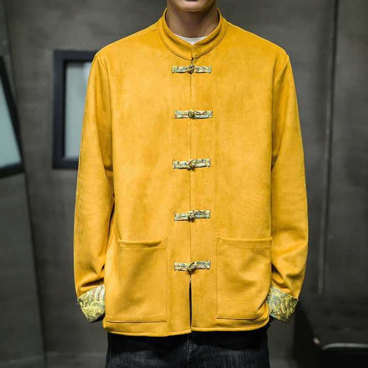 Buddha Stones秋の波模様 カエルボタン 長袖 メンズ スエード コットン ジャケット ポケット付き - 金 - US/UK/AU42、 EU52 (3XL) - image 0