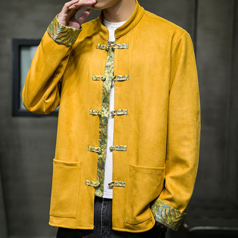 Buddha Stones秋の波模様 カエルボタン 長袖 メンズ スエード コットン ジャケット ポケット付き - image 8