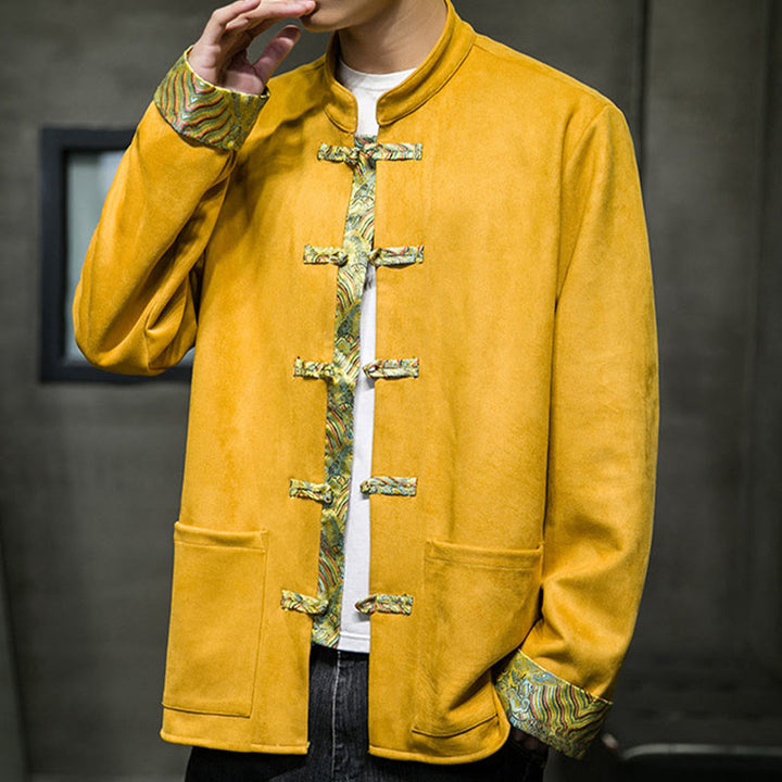 Buddha Stones秋の波模様 カエルボタン 長袖 メンズ スエード コットン ジャケット ポケット付き - image 8