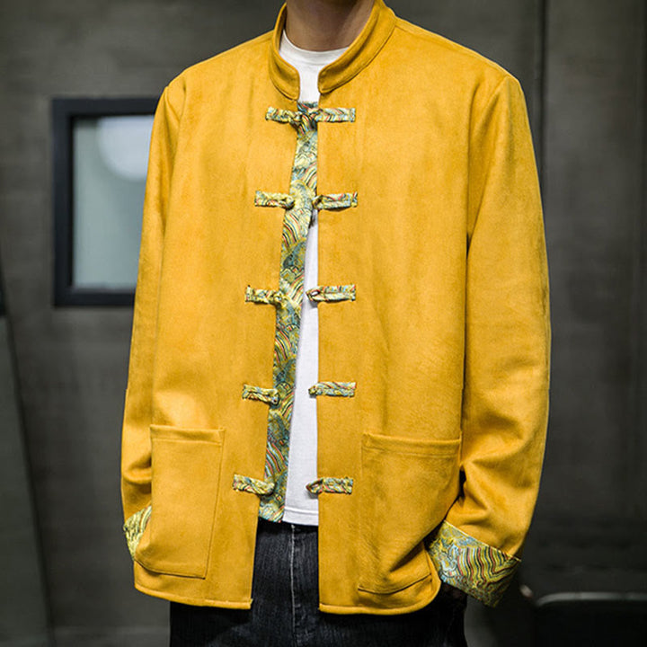 Buddha Stones秋の波模様 カエルボタン 長袖 メンズ スエード コットン ジャケット ポケット付き - image 5