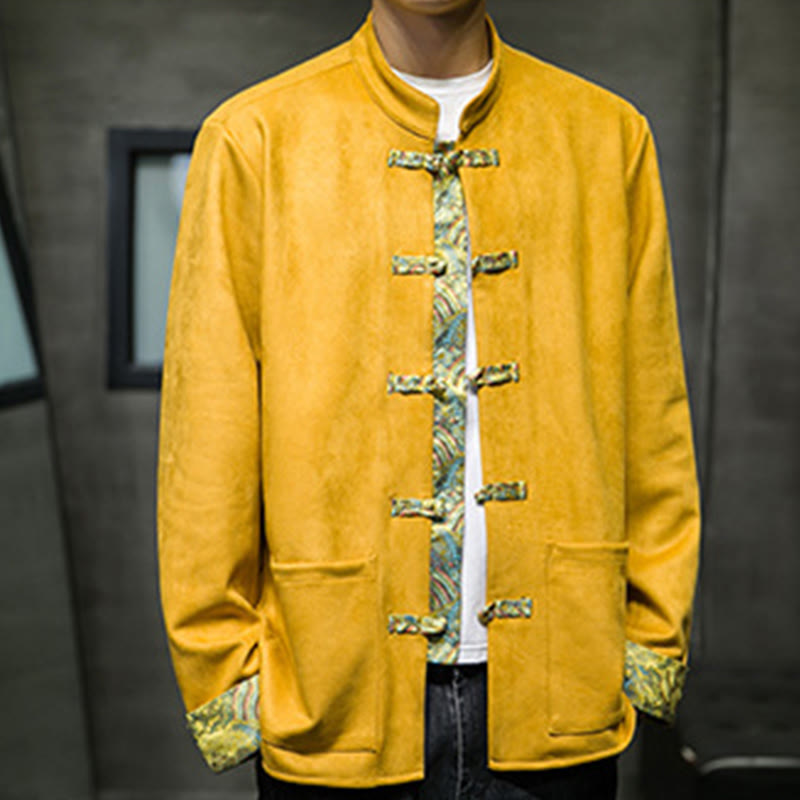 Buddha Stones秋の波模様 カエルボタン 長袖 メンズ スエード コットン ジャケット ポケット付き - image 9