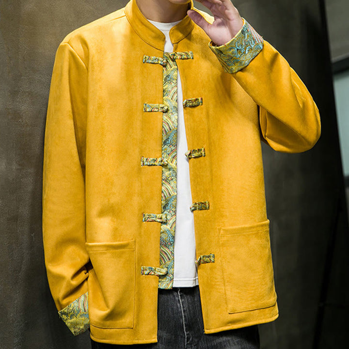 Buddha Stones秋の波模様 カエルボタン 長袖 メンズ スエード コットン ジャケット ポケット付き - image 1
