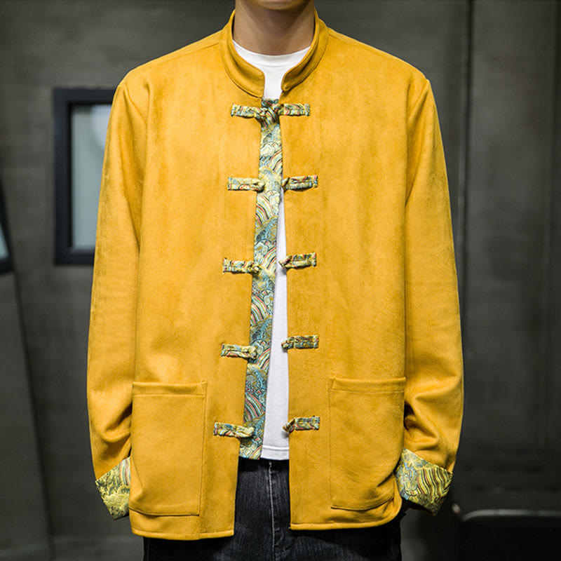 Buddha Stones秋の波模様 カエルボタン 長袖 メンズ スエード コットン ジャケット ポケット付き - image 4