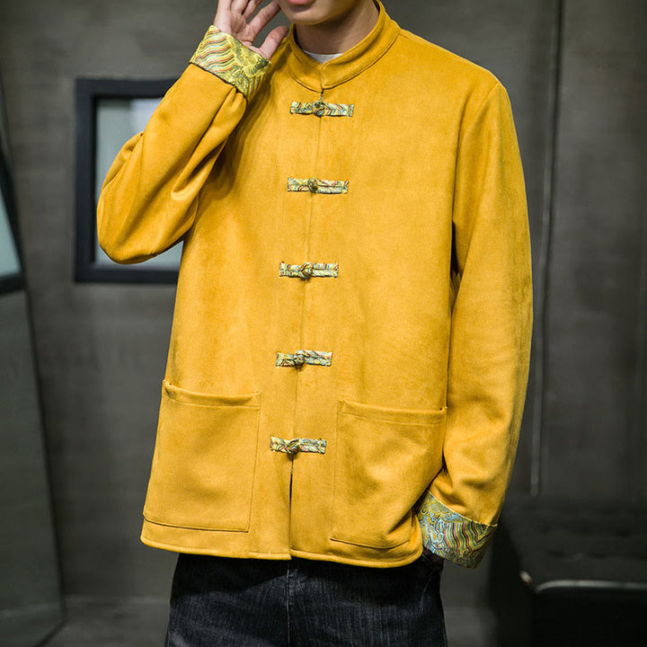 Buddha Stones秋の波模様 カエルボタン 長袖 メンズ スエード コットン ジャケット ポケット付き - image 10