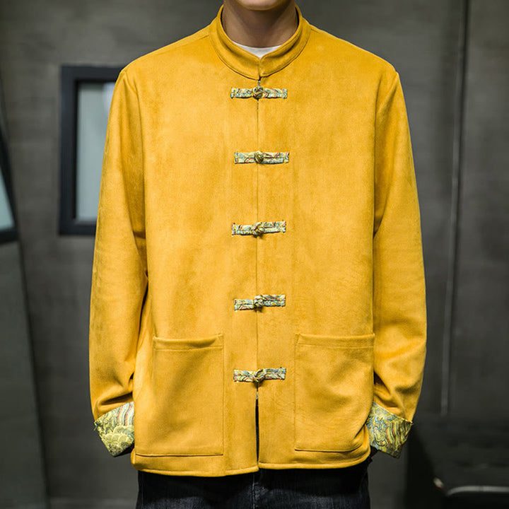 Buddha Stones秋の波模様 カエルボタン 長袖 メンズ スエード コットン ジャケット ポケット付き - image 7