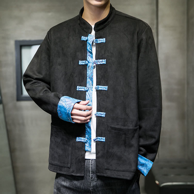 Buddha Stones秋の波模様 カエルボタン 長袖 メンズ スエード コットン ジャケット ポケット付き - image 16