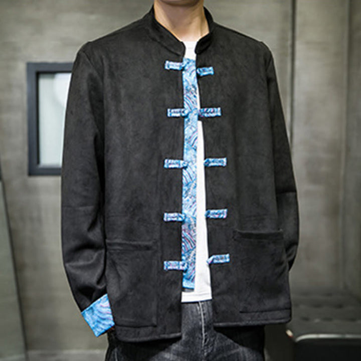 Buddha Stones秋の波模様 カエルボタン 長袖 メンズ スエード コットン ジャケット ポケット付き - image 19