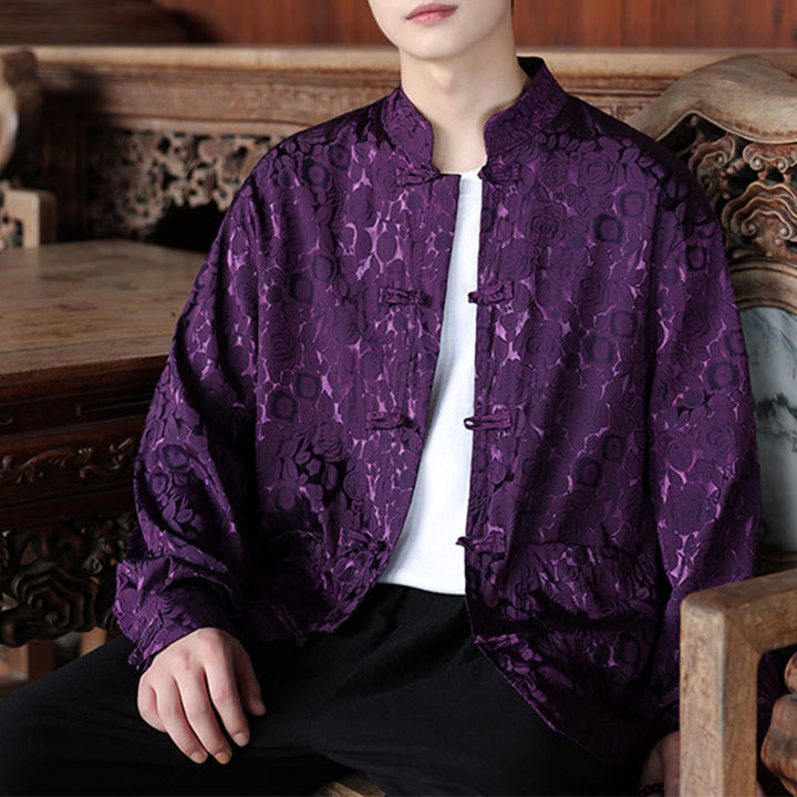 Buddha Stones秋の花 葉 ジャカード フロッグボタン 長袖 メンズ ジャケット ポケット付き - 紫 - US/UK/AU46、 EU56 (5XL) - image 18