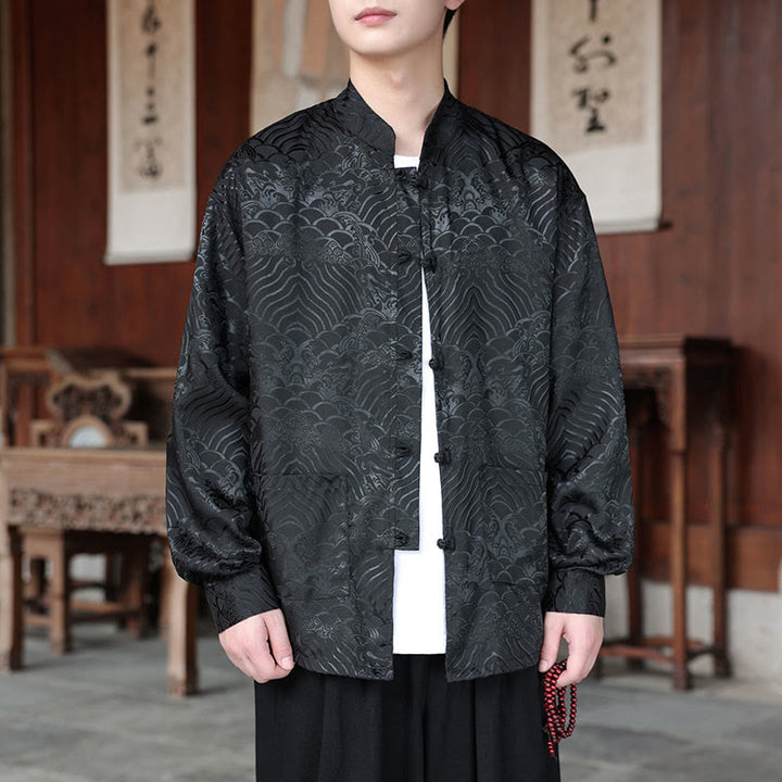 Buddha Stones秋の花 葉 ジャカード フロッグボタン 長袖 メンズ ジャケット ポケット付き - 黒 - US/UK/AU46、 EU56 (5XL) - image 13