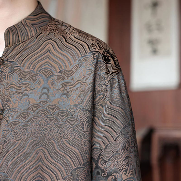 Buddha Stones秋の花 葉 ジャカード フロッグボタン 長袖 メンズ ジャケット ポケット付き - image 10