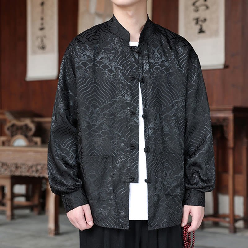 Buddha Stones秋の花 葉 ジャカード フロッグボタン 長袖 メンズ ジャケット ポケット付き - image 14