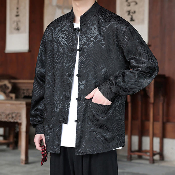 Buddha Stones秋の花 葉 ジャカード フロッグボタン 長袖 メンズ ジャケット ポケット付き - image 15