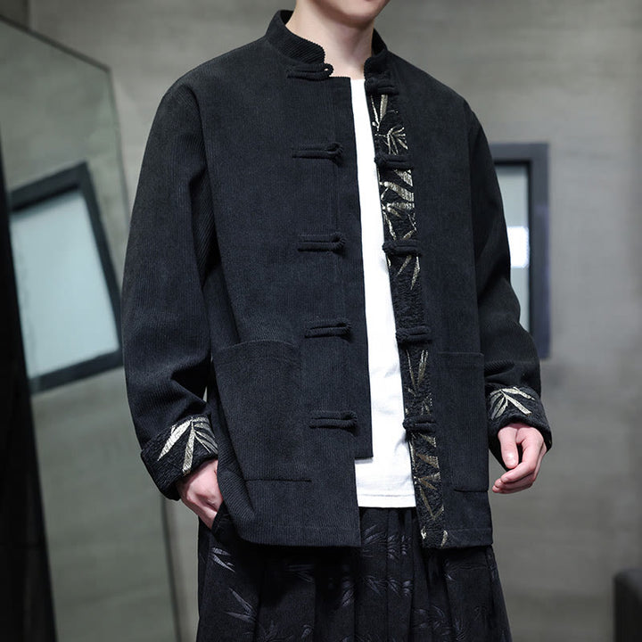 Buddha Stones秋 竹 カエルボタン 長袖 メンズ コーデュロイ コットン ジャケット ポケット付き - 黒 - US/UK/AU46、 EU56 (5XL) - image 5