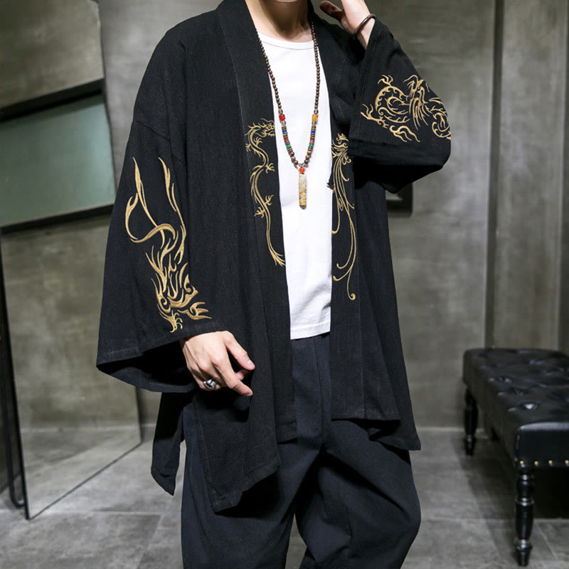 Buddha Stones龍鳳凰前開き長袖ジャケットメンズコットン着物 - 黒 - US/UK/AU48、 EU58(5XL) - image 0