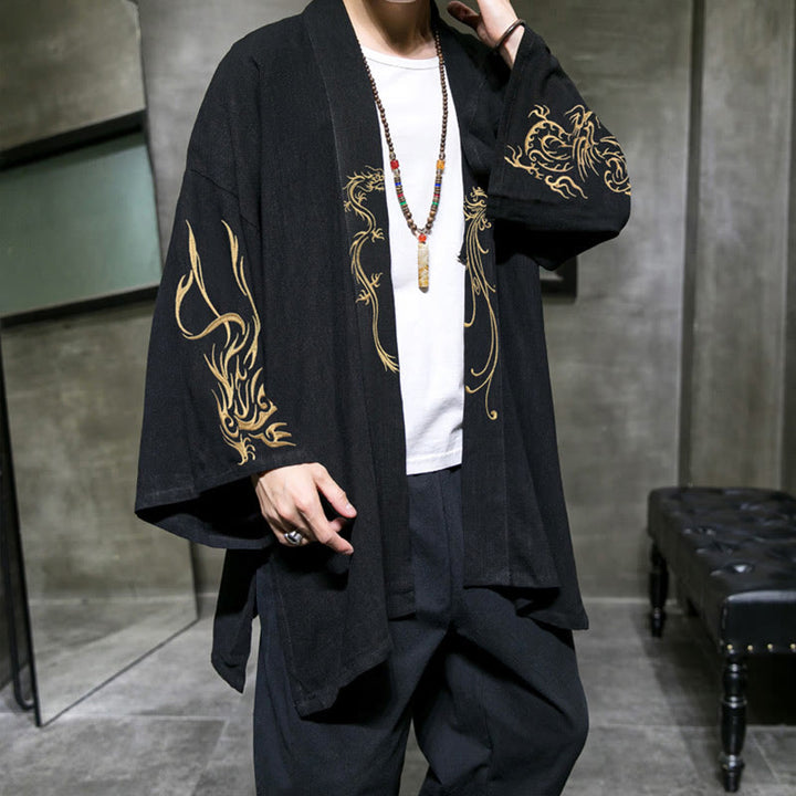 Buddha Stones龍鳳凰前開き長袖ジャケットメンズコットン着物 - 黒 - US/UK/AU48、 EU58(5XL) - image 0