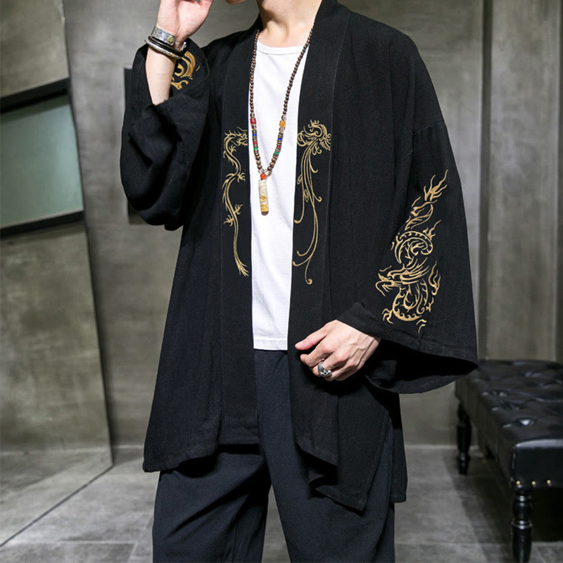 Buddha Stones龍鳳凰前開き長袖ジャケットメンズコットン着物 - image 2