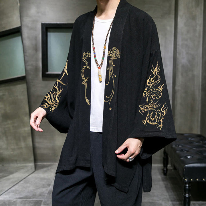 Buddha Stones龍鳳凰前開き長袖ジャケットメンズコットン着物 - image 1