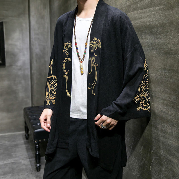 Buddha Stones龍鳳凰前開き長袖ジャケットメンズコットン着物 - image 3
