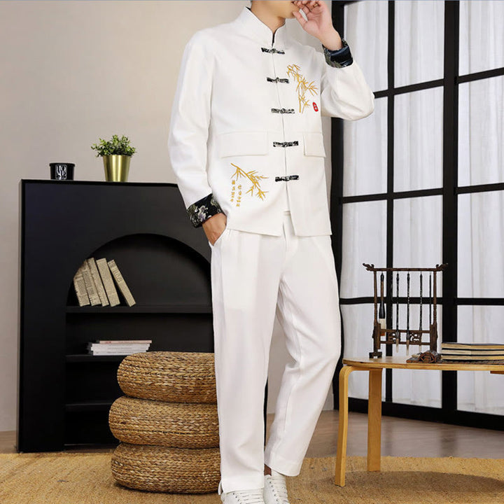 Buddha Stones 2点 唐装 竹 カエルボタン メンズ 長袖 シャツ パンツ 衣類セット - image 12