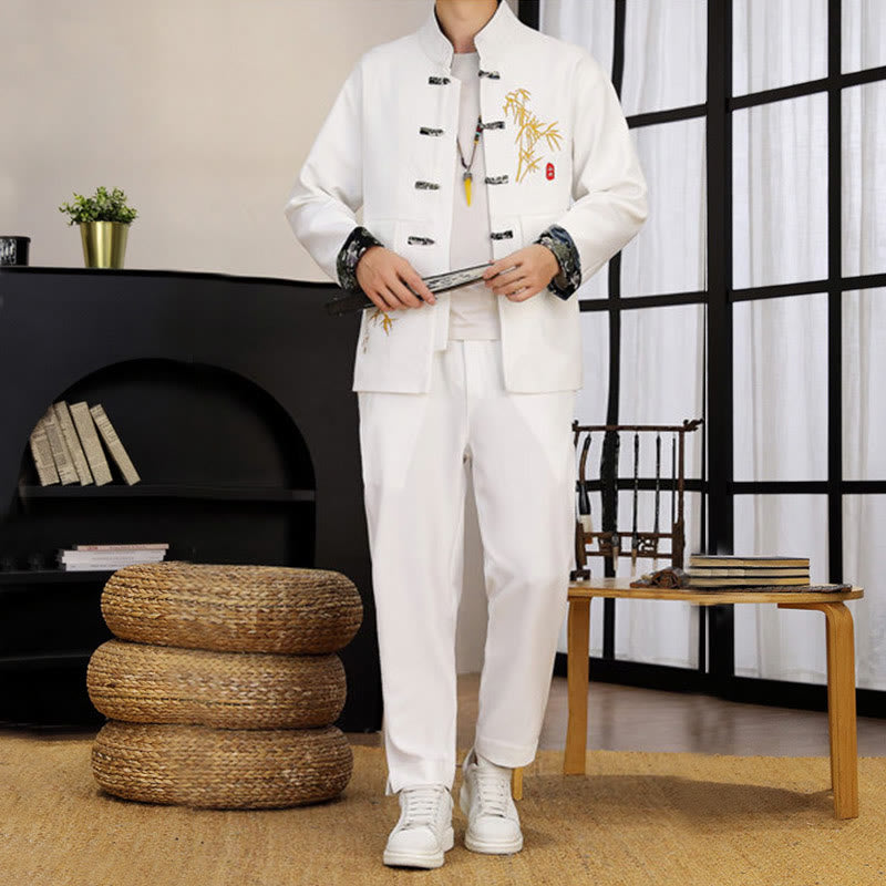 Buddha Stones 2点 唐装 竹 カエルボタン メンズ 長袖 シャツ パンツ 衣類セット - image 11