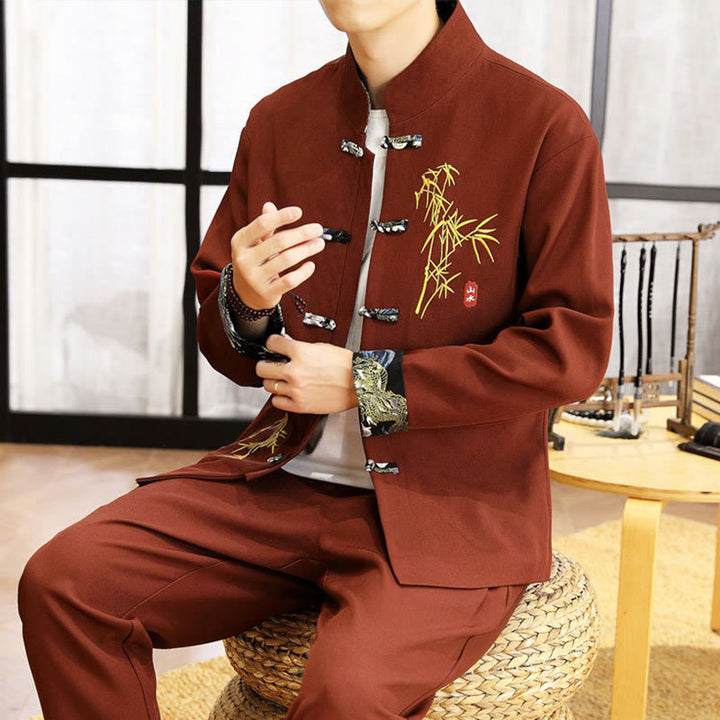 Buddha Stones 2点 唐装 竹 カエルボタン メンズ 長袖 シャツ パンツ 衣類セット - image 28