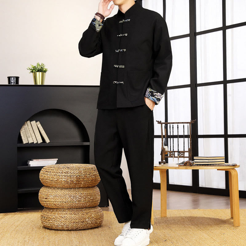 Buddha Stones 2点セット 唐装 カエルボタン メンズ ウェーブ 長袖 シャツ パンツ 衣装セット - 黒 - US/UK/AU44、 EU54 (4XL) - image 11