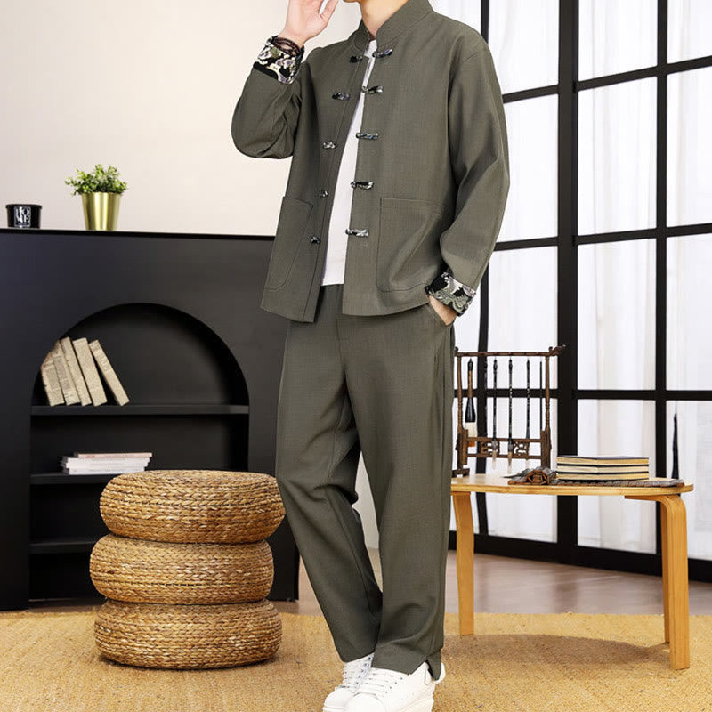 Buddha Stones 2点セット 唐装 カエルボタン メンズ ウェーブ 長袖 シャツ パンツ 衣装セット - image 9