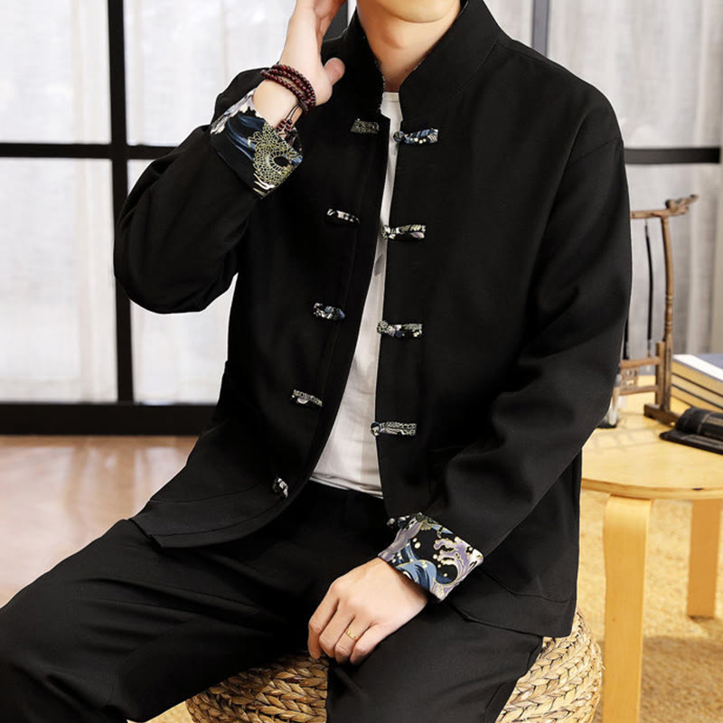 Buddha Stones 2点セット 唐装 カエルボタン メンズ ウェーブ 長袖 シャツ パンツ 衣装セット - image 15