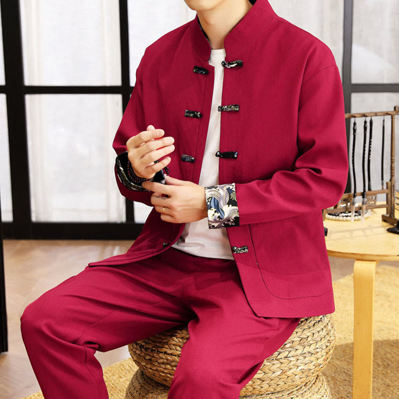 Buddha Stones 2点セット 唐装 カエルボタン メンズ ウェーブ 長袖 シャツ パンツ 衣装セット - image 26
