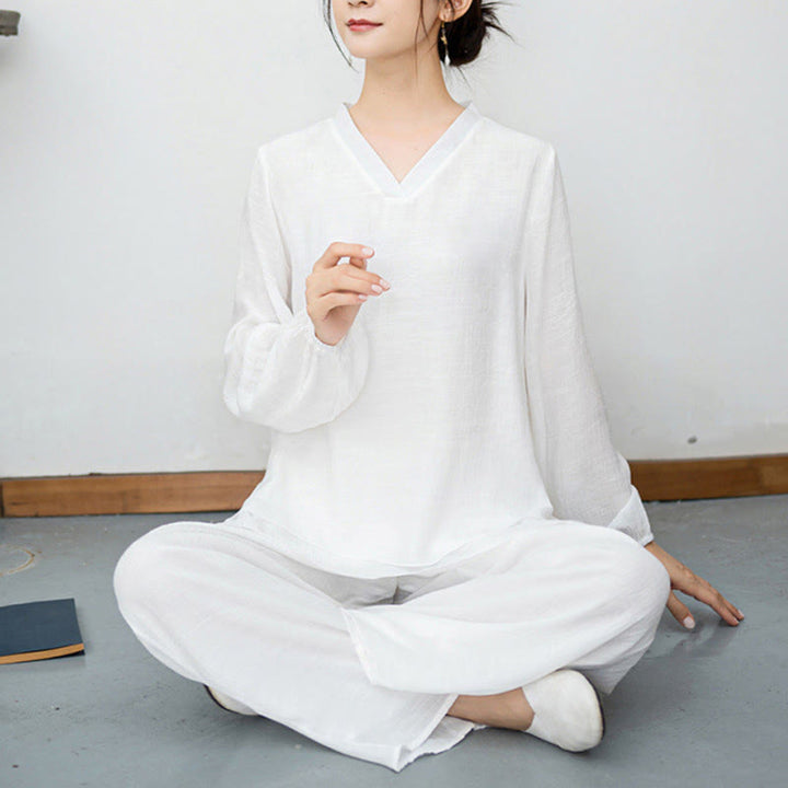Buddha Stones 2点セット ホワイト 長袖 Vネック シャツ ワイドレッグパンツ 瞑想 レディース セット - image 9
