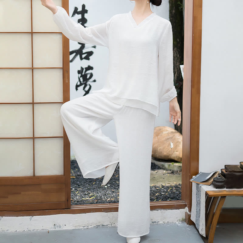 Buddha Stones 2点セット ホワイト 長袖 Vネック シャツ ワイドレッグパンツ 瞑想 レディース セット - image 2