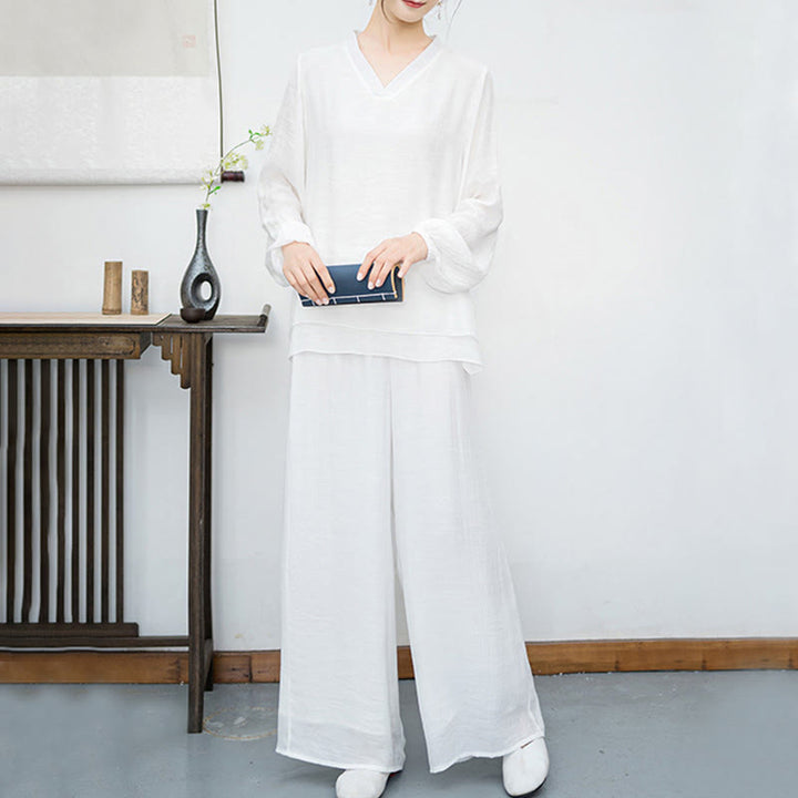 Buddha Stones 2点セット ホワイト 長袖 Vネック シャツ ワイドレッグパンツ 瞑想 レディース セット - image 4