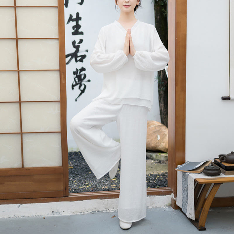 Buddha Stones 2点セット ホワイト 長袖 Vネック シャツ ワイドレッグパンツ 瞑想 レディース セット - image 1