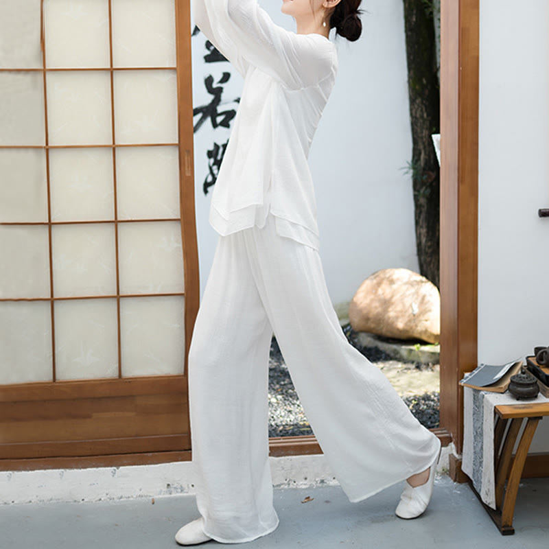 Buddha Stones 2点セット ホワイト 長袖 Vネック シャツ ワイドレッグパンツ 瞑想 レディース セット - image 3