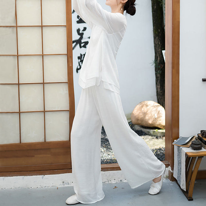 Buddha Stones 2点セット ホワイト 長袖 Vネック シャツ ワイドレッグパンツ 瞑想 レディース セット - image 3