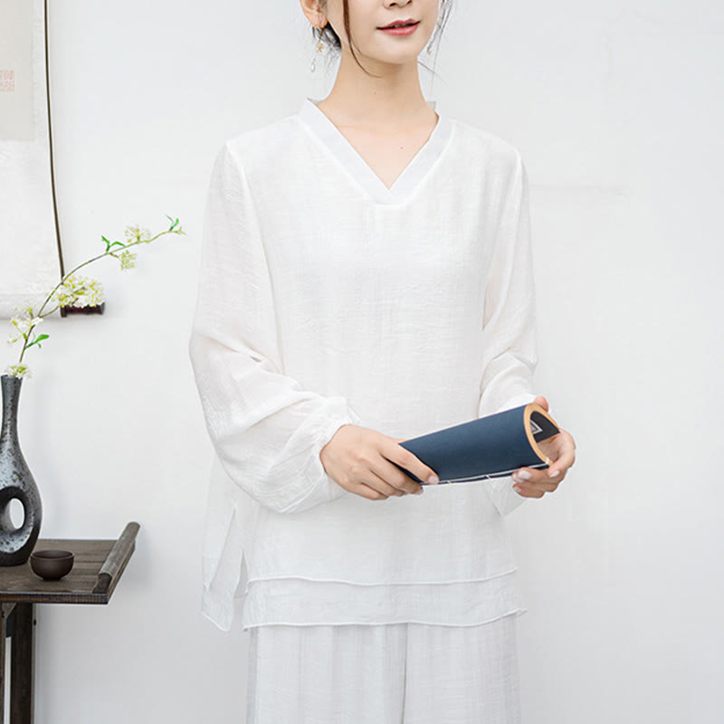Buddha Stones 2点セット ホワイト 長袖 Vネック シャツ ワイドレッグパンツ 瞑想 レディース セット - image 7