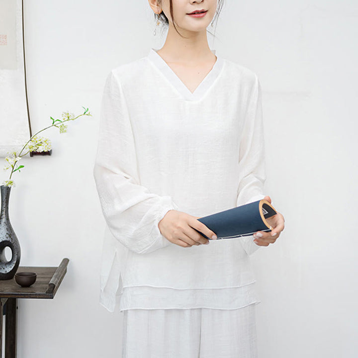 Buddha Stones 2点セット ホワイト 長袖 Vネック シャツ ワイドレッグパンツ 瞑想 レディース セット - image 7