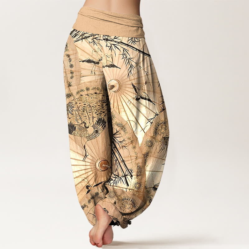 Buddha Stones純綿 傘 鶴 竹柄 レディース 伸縮性ウエスト ハーレムパンツ - image 1