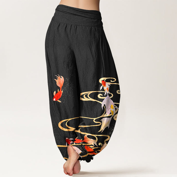 Buddha Stones純綿 鯉鯉水波紋柄 レディース 伸縮性ウエスト ハーレムパンツ - image 1